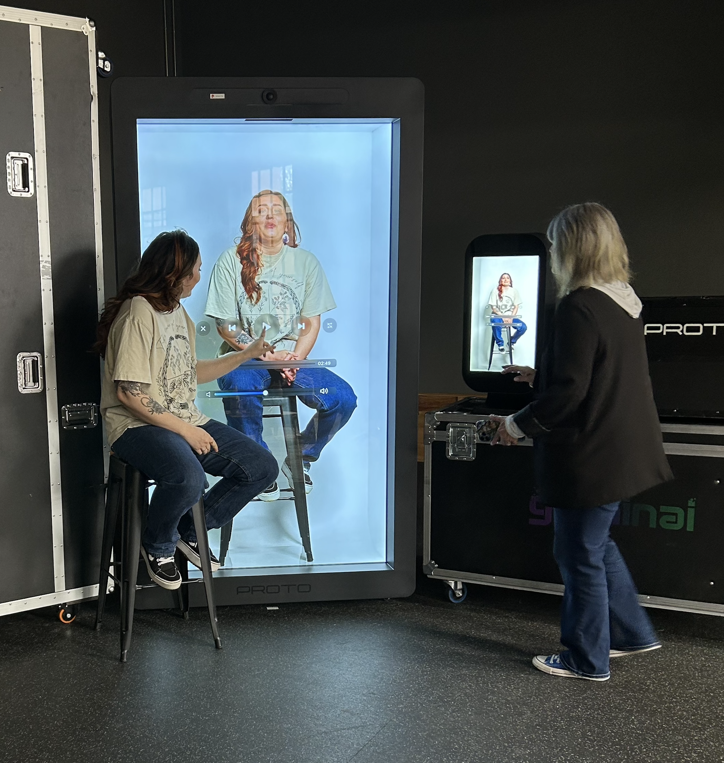 Cheyenne Fox Tree and Joanne Stanway with Cheyenne's hologram at Geminai LLC studio