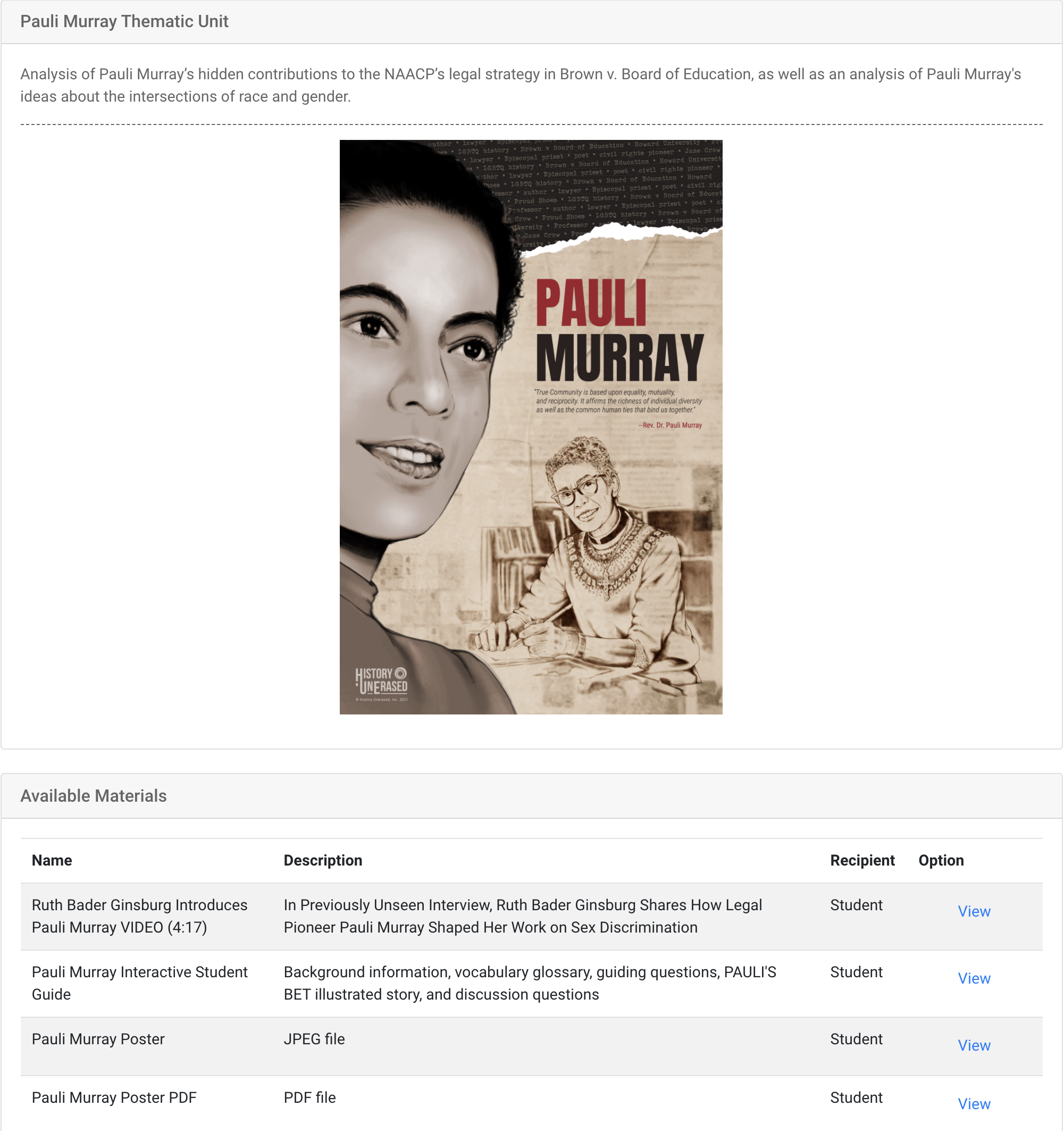 pauli murray thematic unit student view of resource home page